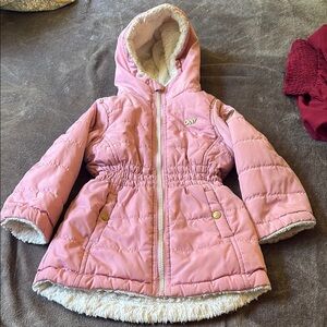 DKNY Pink Puffer Jacket with Cozy Hood and Quilted Design
